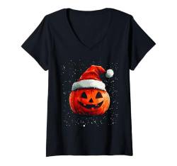 Damen Halloween Deko Kinder Frauen Männer Kürbis Weihnachtsmütze T-Shirt mit V-Ausschnitt von Halloween Weihnachten Kostüm Damen Herren Outfit