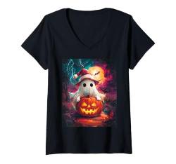 Damen Halloween Kinder Kürbis Frauen Männer Geist Weihnachtsmütze T-Shirt mit V-Ausschnitt von Halloween Weihnachten Kostüm Damen Herren Outfit