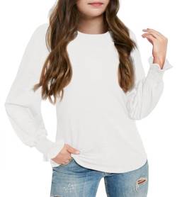 Haloumoning Langarmshirt Mädchen T Shirts Tunika Rüschen Kinder Freizeit Tops Rundhals Einfarbige Casual Lose Bluse,Weiß,10-12 Jahre von Haloumoning