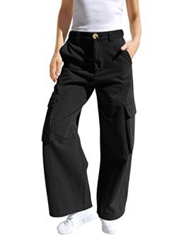 Haloumoning Mädchen Cargohose Baumwoll Y2K Baggy Cargo Hose Kinder Straight Leg Hohe Taille Jogginghose Casual Outdoorhose mit Elastische Taille und Taschen, Schwarz, 9-10 Jahre von Haloumoning