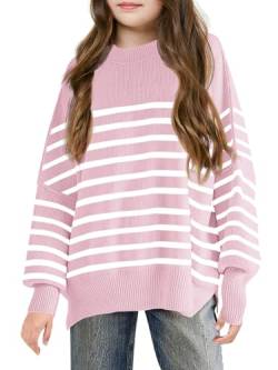 Haloumoning Mädchen Pullover Kinder Rundhals Oversized Strickpullover Herbst Winter Gestreifte Fledermausärmel Geripptes Seitlicher Schlitz Strickpulli, Rosa, 5-6 Jahre von Haloumoning