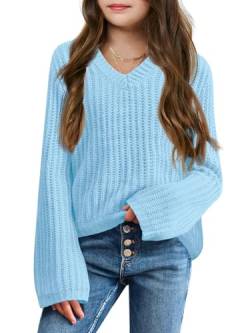 Haloumoning Mädchen Pullover V-Ausschnitt Leichter Strickpullover Kinder Basic Einfarbig Langarm Knitted Sweater Winter Shirt Pulli Oberteile Blau 13-14 Jahre von Haloumoning