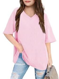 Haloumoning Mädchen Sommer T Shirts Kurzarm Oversized Tunika Lässig V-Ausschnitt Tee Shirt Kinder Basic Tops, Rosa, 8-10 Jahre von Haloumoning