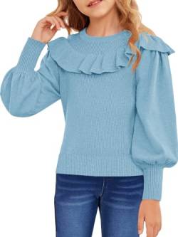 Haloumoning Mädchen Strickpullover Mode Laterne Ärmel Rüschen Pullover Kinder Rundkragen Langarm Pullover, Himmelblau, 7-8 Jahre von Haloumoning