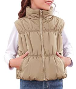 Haloumoning Mädchen Winter Weste Stehkragen Ärmellose Warme Jacke Kinder Steppweste Niedliche Oberbekleidung Leichte Weste, Khaki, 11-12 Jahre von Haloumoning