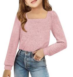 Haloumoning Langarmshirt Mädchen Sweatshirt Pullover Bluse Tunika Freizeit Lose Pulli Tops Niedlich Weiche Kleidung Quadrat Hals Oberteile Shirt für Kinder Rosa 7-8 Jahre von Haloumoning