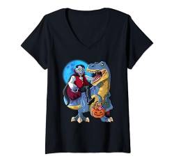 Damen Graf Dracula Dino Halloween Kinder Dinosaurier T-Rex Vampir T-Shirt mit V-Ausschnitt von Haloween T-Rex Zajoo