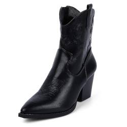 Hamesk Damen Western Cowboy Mid Calf Stiefeletten mit niedrigem Absatz spitze Zehenpartie besticktes Obermaterial Chunky Heel Cowgirl-Stiefel für Frauen, Schwarz, 37 EU von Hamesk