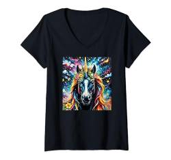 Damen Einhorn-Pferd, Blumen, farbiger Himmel mit Sternen T-Shirt mit V-Ausschnitt von Hamiltonmagic