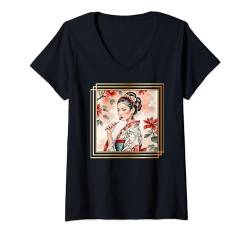 Damen Japanische Kimono-Frau Blumenporträt T-Shirt mit V-Ausschnitt von Hamiltonmagic