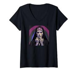 Damen Vektorbild der Nonne mit Symbolen auf Händen und Gesicht T-Shirt mit V-Ausschnitt von Hamiltonmagic