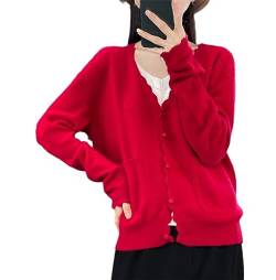 Frühling Und Herbst Wolle Gestrickte Strickjacke Frauen V-Ausschnitt Hand Gehäkelte Lose Einfarbig Pullover Mantel Red L von Hamthuit