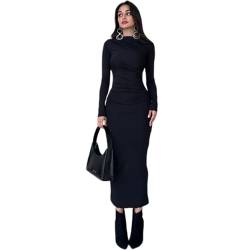 Hanaoops Damen Langarm Maxikleid Sexy Bodycon Lounge Langes Kleid Elegant Figurbetontes Stretch Kleider Vintage Einfarbig Freizeitkleid für Party Hochzeitsgäste von Hanaoops