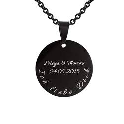 Hanessa Personalisierte Kette mit Gravur Edelstahl 56-61 cm mit Anhänger rund in schwarz - Personalisierte Halskette für Männer und Frauen - Personalisierter Schmuck Damen Herren von Hanessa