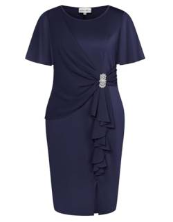 Hanna Nikole Damen Charmant Bleistiftkleid Dehnbar Cocktailkleid Damen Elegant für Hochzeit Kleider Damen Knielang Navy Blue 52 von Hanna Nikole