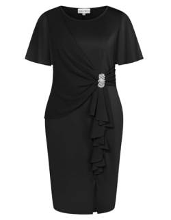 Hanna Nikole Damen Große Größe Kurzarm Chiffon Hüftkleid Cocktailkleid Damen Elegant für Hochzeit Bleistiftkleid Damen Knielang Schwarz 54 von Hanna Nikole