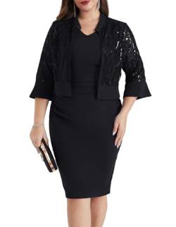 Hanna Nikole Damen Große Größen Kleider V Ausschnitt Bodycon Cocktialkleid Zweiteilig 3/4 ärmel Pailletten Strickjacke Midi Kleider Knielang Bleistiftkleid mit Kurz Jacke Black 54 von Hanna Nikole