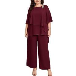 Hanna Nikole Damen Hosenanzug Zweiteiler Fledermausärmel Cape-Ärmel Strass Lose Rundhals Chiffon Shirt Hohe Taille Elegant Hohe Taille Lange Hose Weinrot 2XL von Hanna Nikole