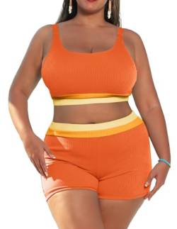 Hanna Nikole Große Größen 2-teiliger hoch taillierter bauchkontrollierender Gerippter Bikini brasilianischer Badeanzug Set orange-gelb 52 von Hanna Nikole
