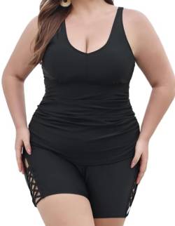 Hanna Nikole Schwimmen Tankini Damen Plus Size mit Shorts Sexy Hohl Bauchweg Bademode Badeanzug Schwarz 58 (Etikett:28W) von Hanna Nikole