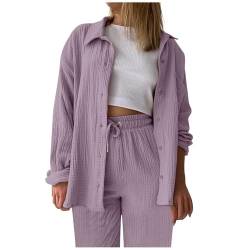 Musselin Bluse Damen,Revers Bluse + Plissee Hose Langarm Freizeitanzug Leicht mit Gummibund Sommer-Herbst Outfit Set Hosenanzug Elegant Locker mit geknöpfte Down Musselinbluse Loungewear von Hanraz