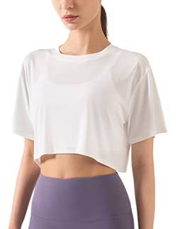 Damen Fitness Trainieren Crop-Tops Kurzarm Yoga T-Shirts Sportlich Betrieb Sport-Shirts Weiß XL von Hanyomo