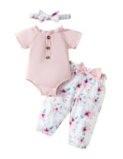 Haokaini Neugeborenes Baby Mädchen Kleidung Set Baumwolle gerippt aus Schulter kurze Ärmel Overall Floral Hose mit Stirnband Sommerkleidung für 0-18M von Haokaini
