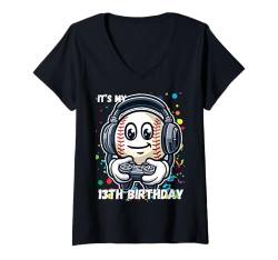 Damen Geburtstag Junge 13 Baseball 13. Geburtstag Baseballspieler T-Shirt mit V-Ausschnitt von Happy Birthday Boy Video Gammer Baseball Lover