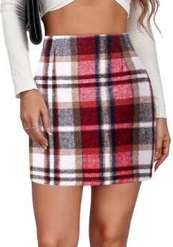 Damen Woll Kariert Rock Arbeitstartan Minirock für Herbst Winter Elastischer Hochtaillier Rock Tweed Plaid Rock Rot XL von Happy Cherry