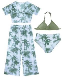 Happy Cherry Mädchen Schwimmen Kostüm 4 Stück Badeanzug Bikini Set Bademode mit Cover Up für Kinder Sommer Strand Aquarti 12 Jahre Olivgrün von Happy Cherry