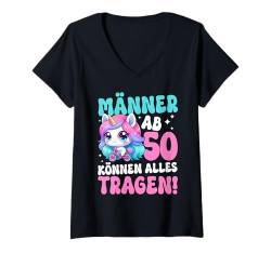 Damen Männer Über 50 Können Alles Tragen Einhorn Happy Geburtstag T-Shirt mit V-Ausschnitt von Happy Geburtstag Party Männer Jungen Feier