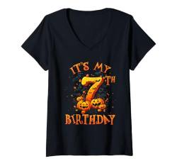 Damen Boo It's My 7th Birthday Halloween Pumpkin 7 Years Old T-Shirt mit V-Ausschnitt von Happy Halloween Birthday Men Women Kids Apparel