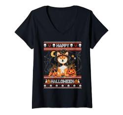 Damen Happy Halloween Ugly Shiba Inu Howl-o-ween Pumpkin Dog lover T-Shirt mit V-Ausschnitt von Happy Halloween Trick Or Treat Candy Men Women Kid