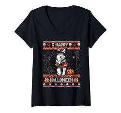 Damen Happy Halloween Ugly Siberian Husky Howl-o-ween Pumpkin T-Shirt mit V-Ausschnitt von Happy Halloween Trick Or Treat Candy Men Women Kid