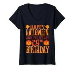 Damen Frohes Halloween und ja, es ist mein 29. Geburtstag T-Shirt mit V-Ausschnitt von Happy Halloween & Birthday Apparel