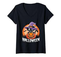 Damen Halloween und Katze T-Shirt mit V-Ausschnitt von Happy Halloween