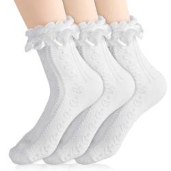 Hariendny 3 Paar Weiße Rüschen Socken Hohl Muster Rüschen Socken Baumwoll Spitzen Socken Weiße Rüschen Kleidsocken Prinzessin Söckchen atmungsaktive Baumwolle Knöchelsocken für Frauen Mädchen von Hariendny