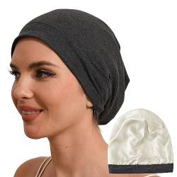 Hat Hut Seidenmütze Schlafmütze aus 100% Maulbeerseide gefüttert, Silk Bonnet, Haube für lockiges Haar, Schlafhaube zum Schlafen, Slouchy Beanie (Grau) von Hat Hut