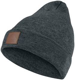 Warme Damen Beanie Mütze | Herren Mütze mit Leatherpatch | Strickmütze Wintermütze | für Frauen Männer Unisex | Cuffed Hats Weich & Warm dunkelgrau von Hatstar