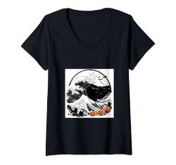 Damen Die große Welle von Halloween: Katzen und Kürbisse T-Shirt mit V-Ausschnitt von Haunting Wave Fusion