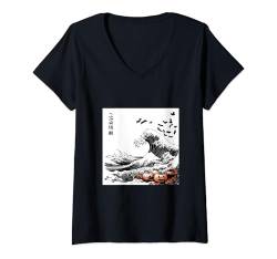 Damen Ghastly Sea: Halloween-Katzen und Kürbisse T-Shirt mit V-Ausschnitt von Haunting Wave Fusion