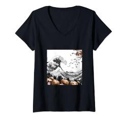 Damen Gruselige Welle: Hokusai inspirierte Halloween-Katzen T-Shirt mit V-Ausschnitt von Haunting Wave Fusion