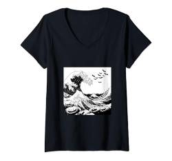 Damen Sinister Wave: Halloween-Katzen und Kürbisse T-Shirt mit V-Ausschnitt von Haunting Wave Fusion