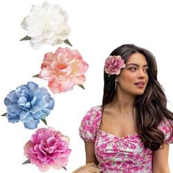 Hebterrka 4 Stück Hawaiianische Blumen Haarklammern für Frauen, Rosen Haarklammern 3.5 Zoll Künstliche Blumen Haarnadeln, Haaraccessoires für Strandparty von Hebterrka