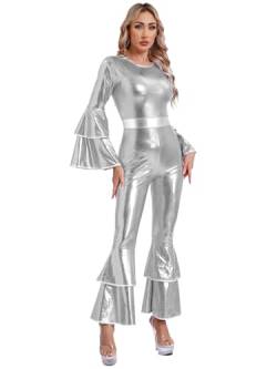 Hedmy Damen Metallic Overall Glänzende Ganzkörperanzug Schlaghose Fasching Karneval Kostüm Disco Party Tanz Outfit Silber M von Hedmy