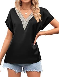 Damen Oberteil Satin Kurzarm T Shirt Sommer Spitzen V Ausschnitt Hemd Elegante Raglan Bluse Blusenshirt Lässige Streetwear Shirts Damen Oversize Tops S-XXL von Heersan