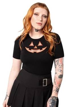 Hell Bunny Jack-O-Lantern Top Gothic Halloween Pumpkin Cut-Out Strick-T-Shirt, Schwarz, XS von Hell Bunny