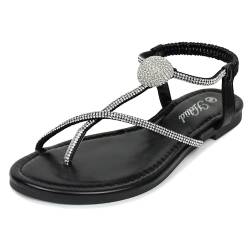 Heltid Damen Strass Tanga Flache Sandalen, Clip Toe Elastische T-Strap Bohemia Elegant Sandalen für Frauen, Schwarz, 40.5 EU von Heltid