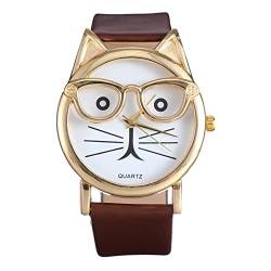 Hemobllo Geschenk Cartoon-Uhr Goldene Schale Mit Brille Katze Gürtel Quarz Sportarmbanduhr Kindersportuhr von Hemobllo