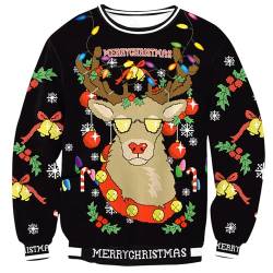 Herberton Weihnachtspullover Unisex Langarm Lustiger Weihnachtsbaum Hässlicher Urlaub Damen Herren Sweater Pullover Rentier 3D-gedrucktes Sweatshirt XL von Herberton